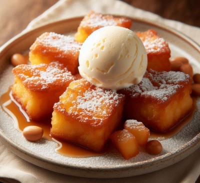 Leche frita caramelizada con bola de helado de vainilla